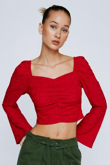 Red Petite Ruched Front Floral Textured Long Sleeve Top