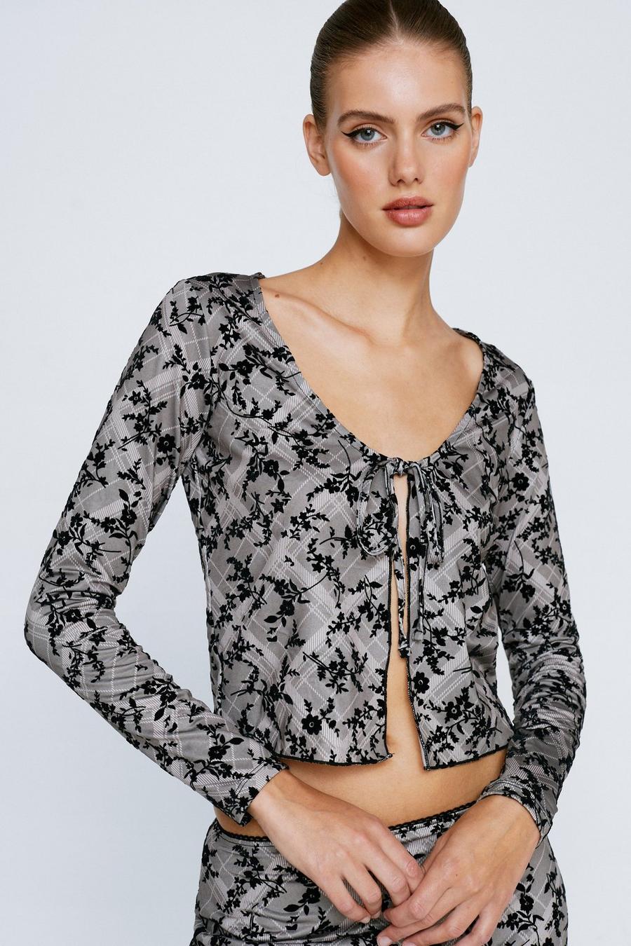 Floral Flocked Tie Front Detail Long Sleeved Top