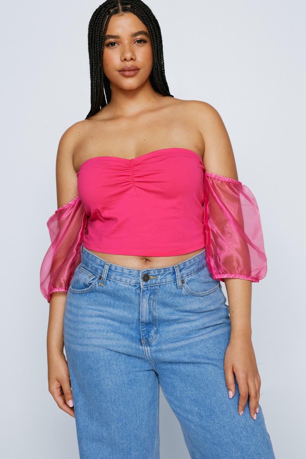 Pink Plus Size Contrast Organza Sleeve Top image number 1