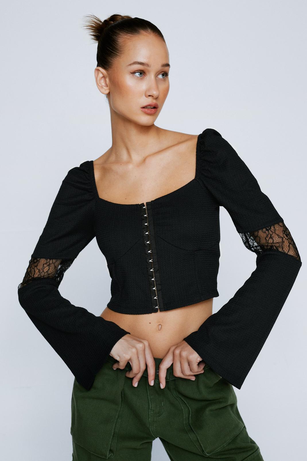 Petite - Top corset à manches longues et agrafes, Black image number 1