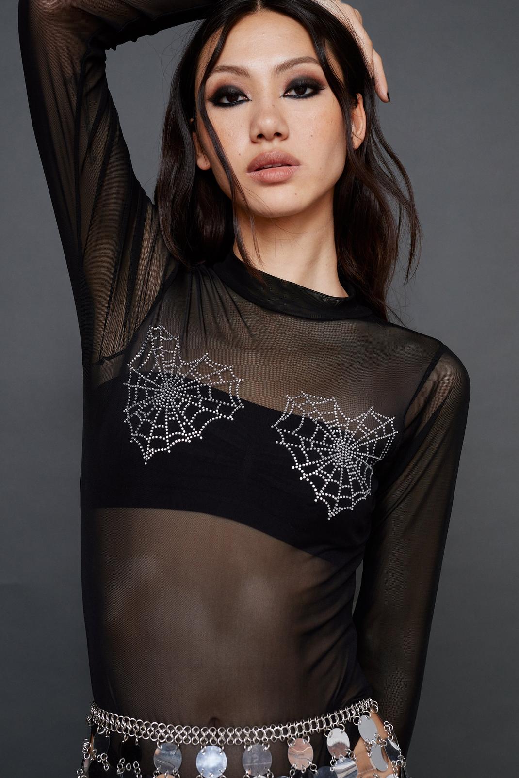 Body en mesh à manches longues imprimé toiles d'araigné, Black image number 1