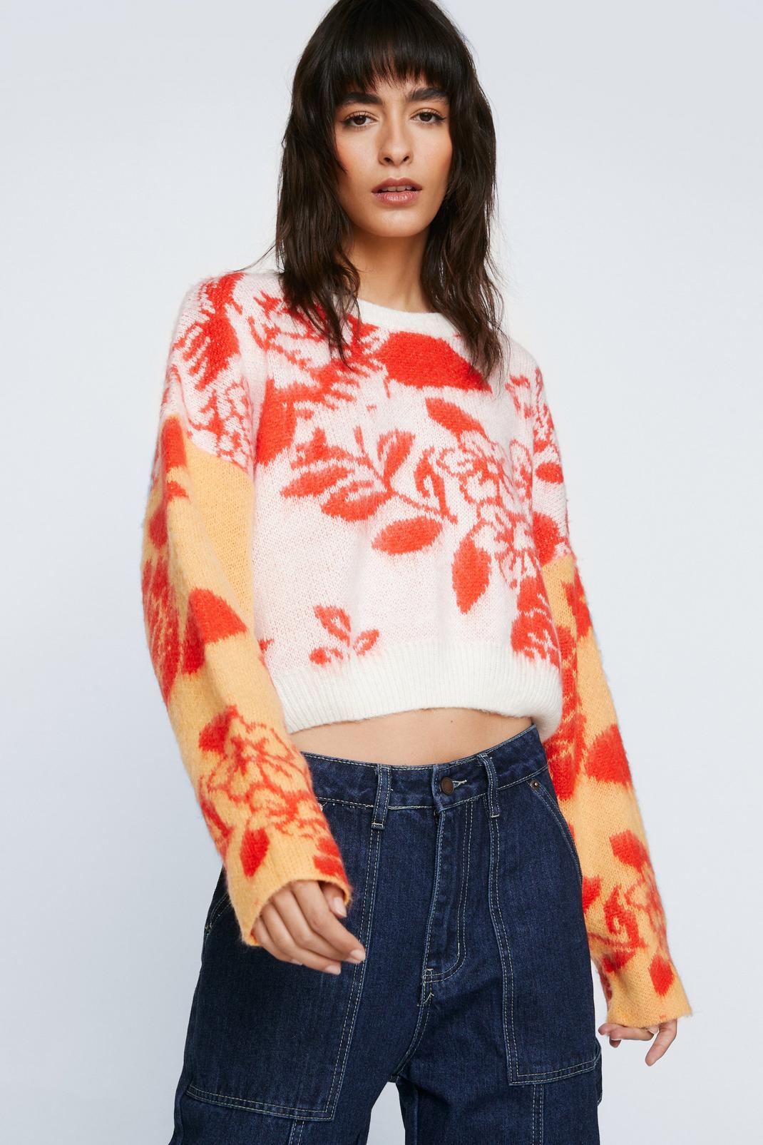 Red Mixed Floral Cropped Knitted Jumper image number 1
