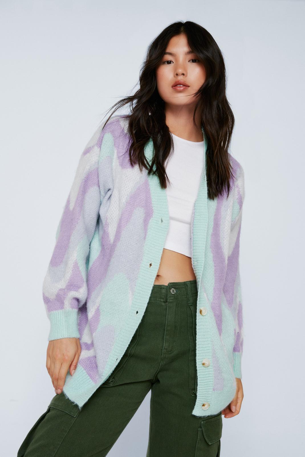 Lilac Blurred Pattern Oversized Cardigan  image number 1