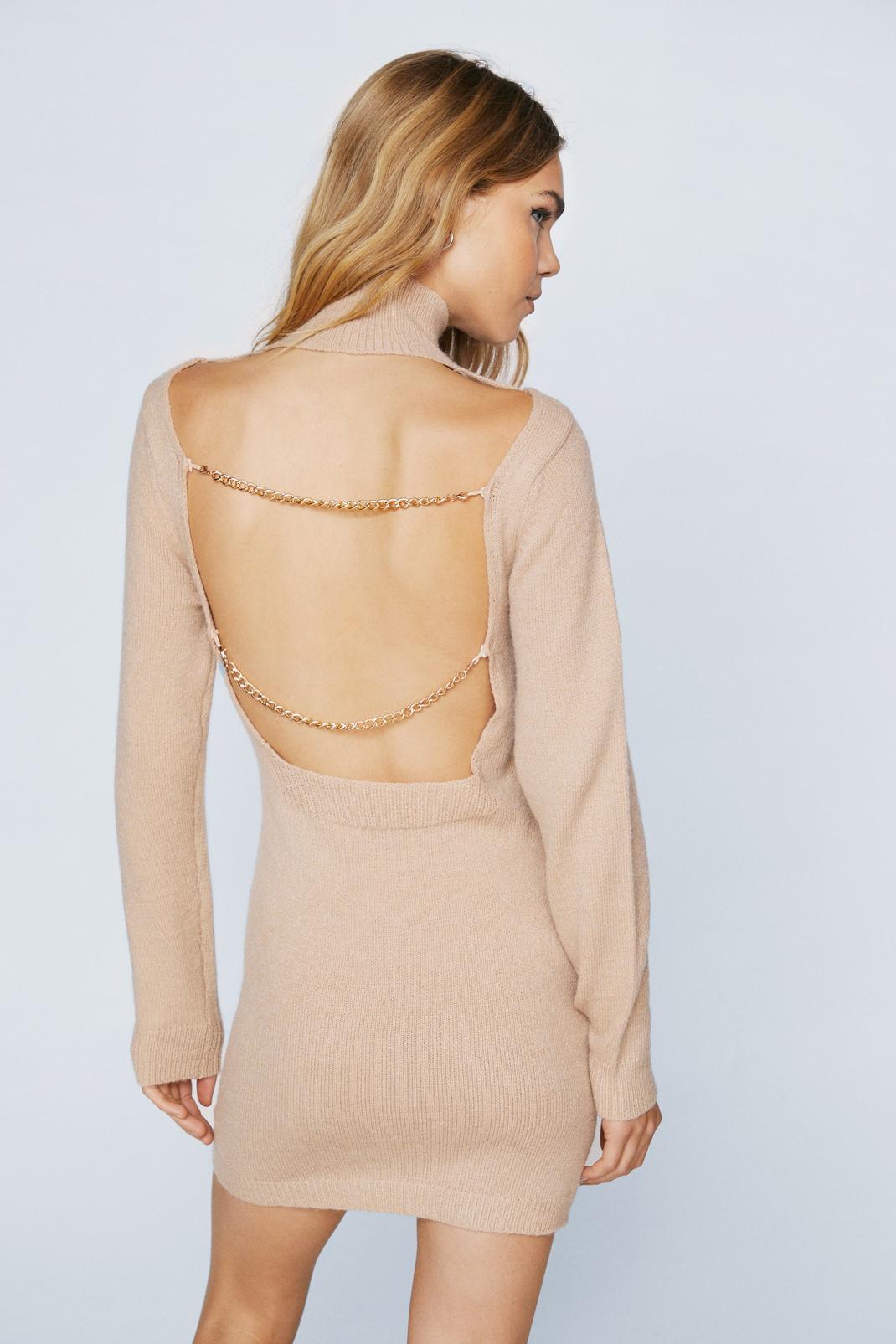 Neutral High Neck Knitted Chain Back Mini Dress image number 1
