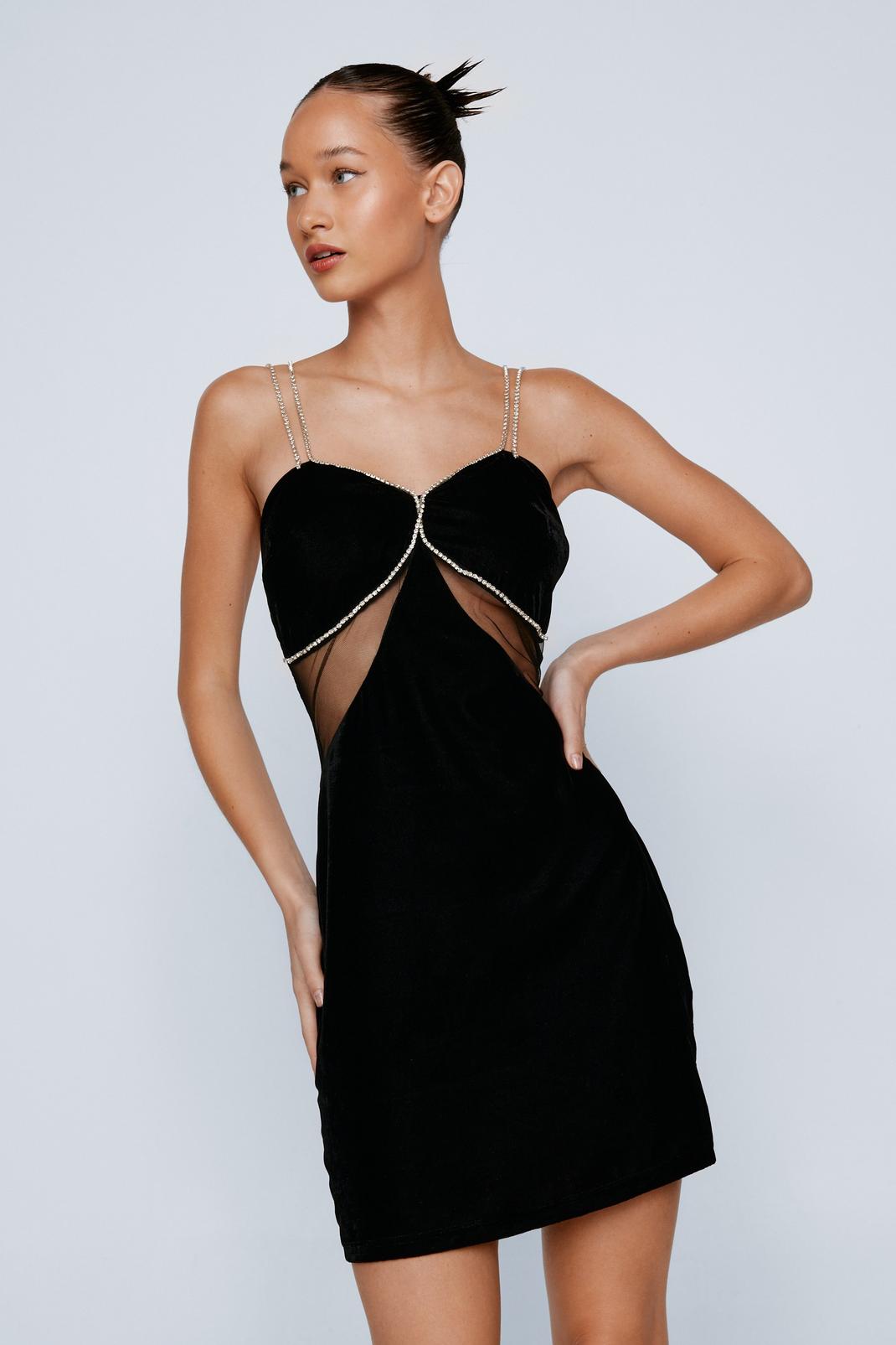 Black Diamante Trim Velvet Bodycon Dress image number 1