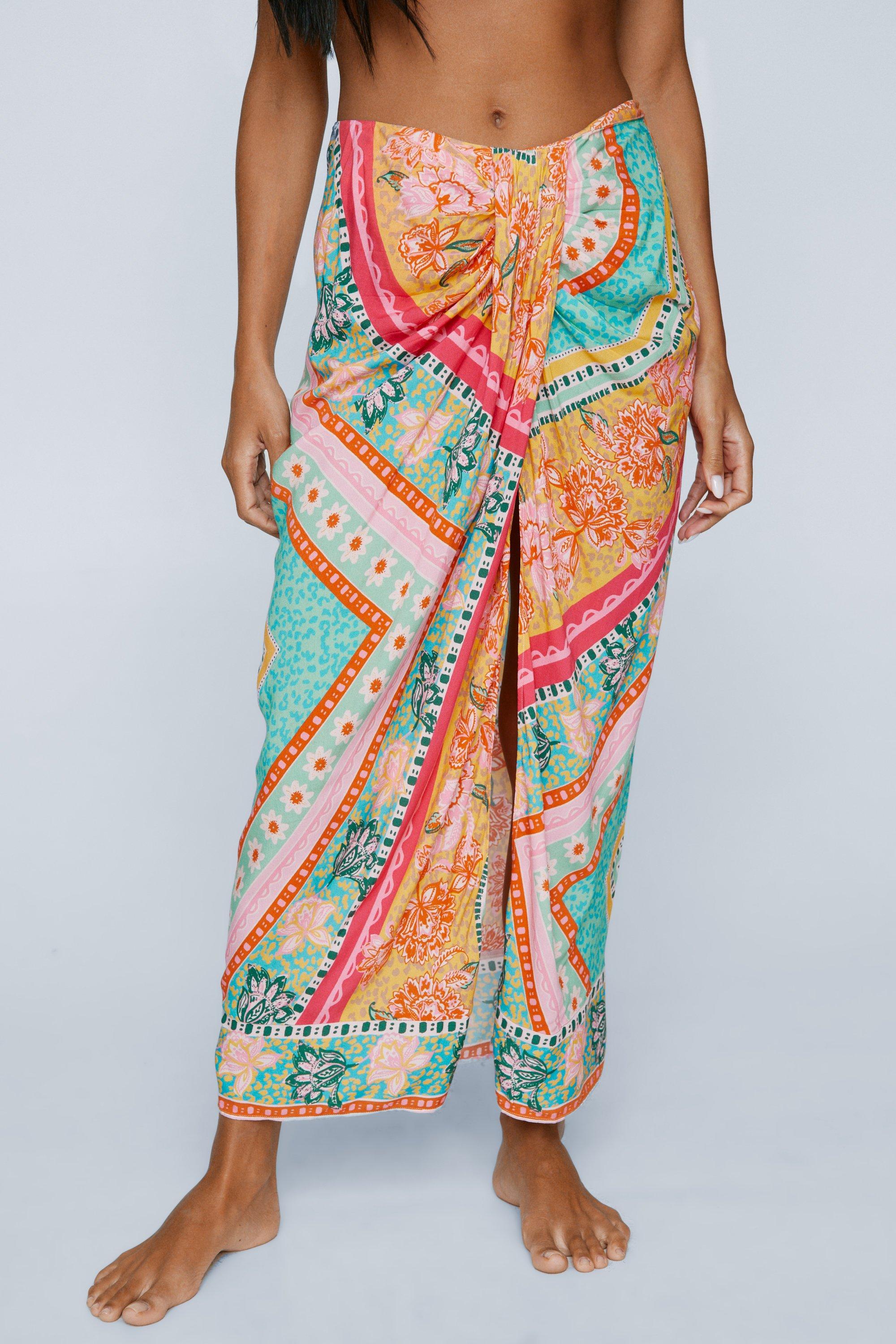 Rayon Placement Print Wrap Cover Up Sarong Skirt