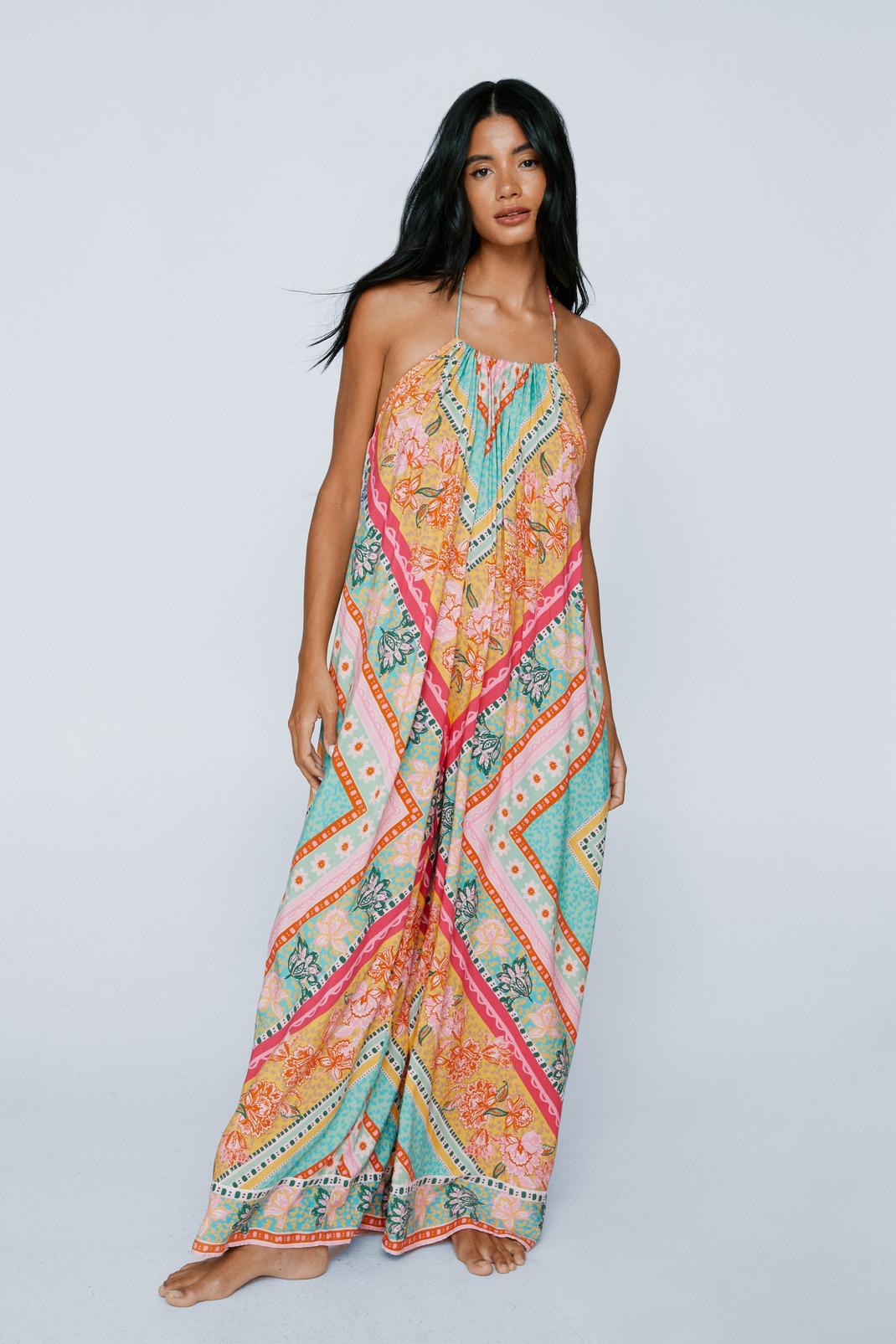 Multi Rayon Placement Print Beaded Tie Wide Leg Jumpsuit image number 1