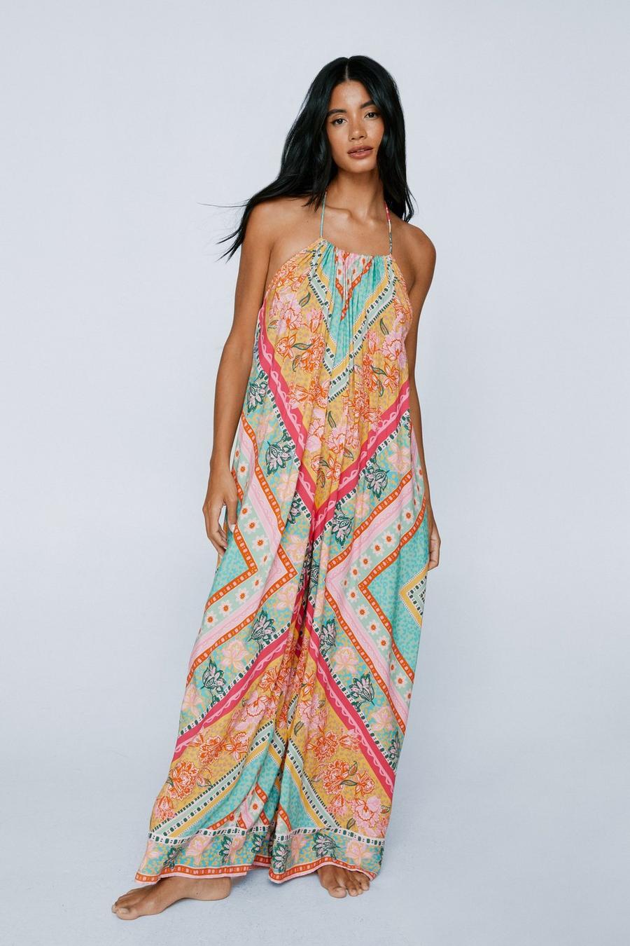 Rayon Placement Print Beaded Tie Extreme Wide Leg Jumpsuit