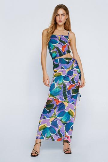 Purple Slinky Cut Out Ruche Side Floral Midi Dress