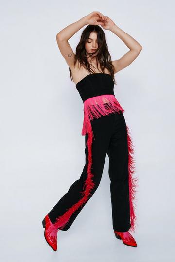 Black Twill Fringe Detail Straight Leg Mid Rise Trousers