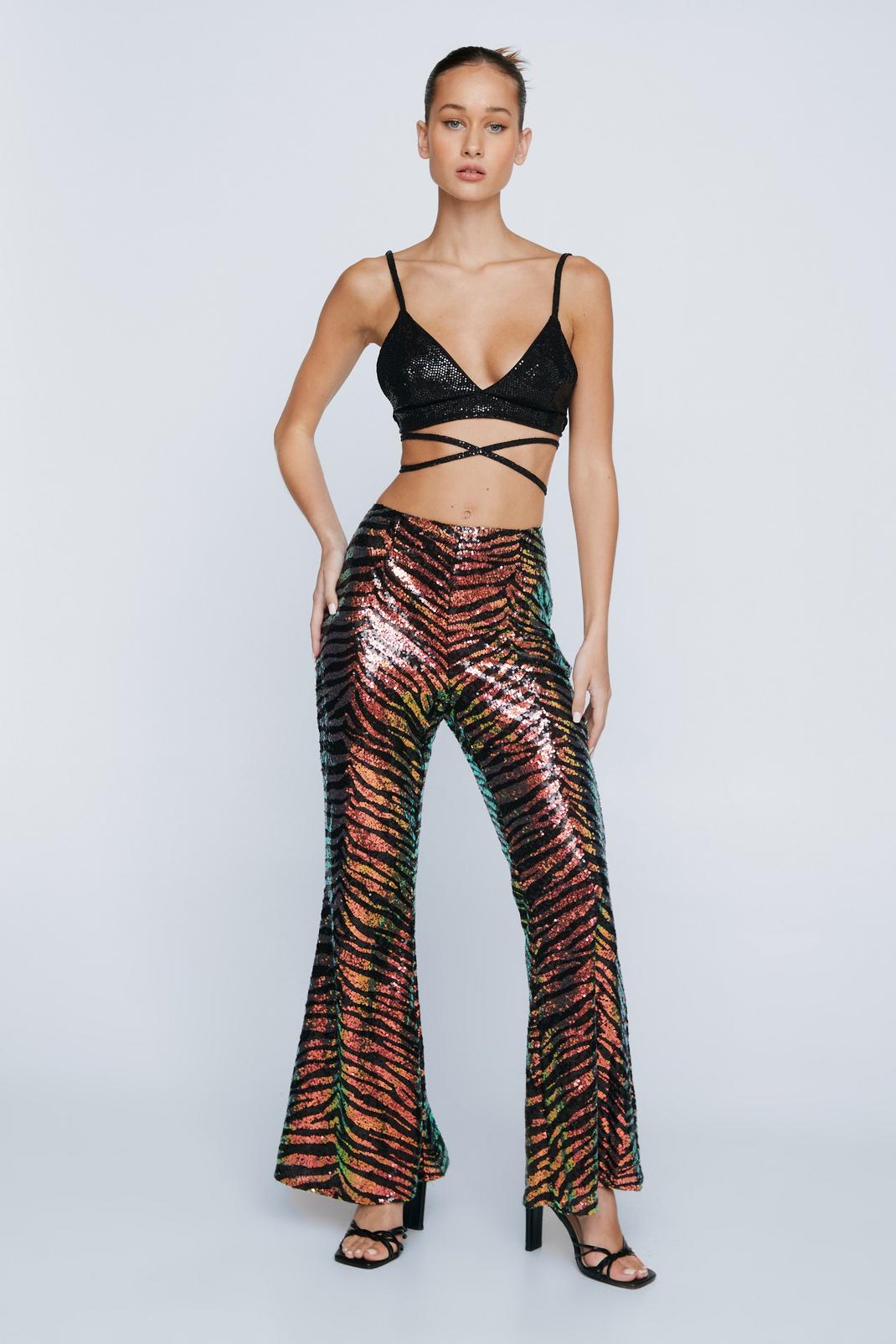 Bronze Petite Sequin Animal Print Kick Flared Trousers image number 1