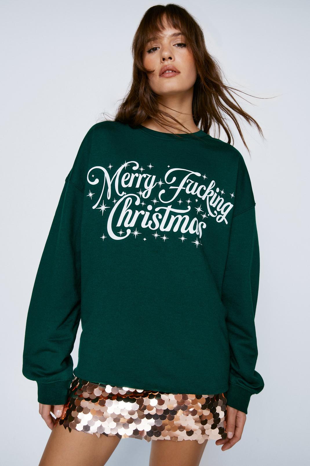 Green Christmas Slogan Oversized Sweatshirt image number 1