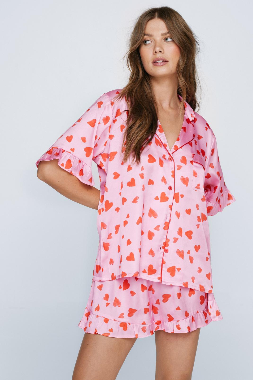 Pink Satin Heart Print Ruffle Pajama Short Set image number 1