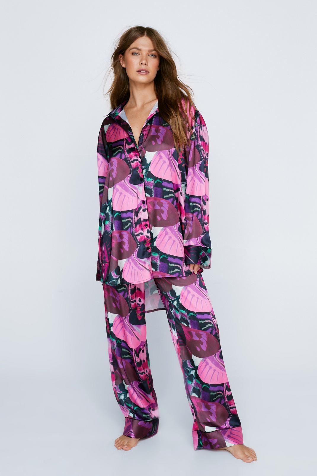 Purple Satin Butterfly Print Oversized Pyjama Trousers Set image number 1