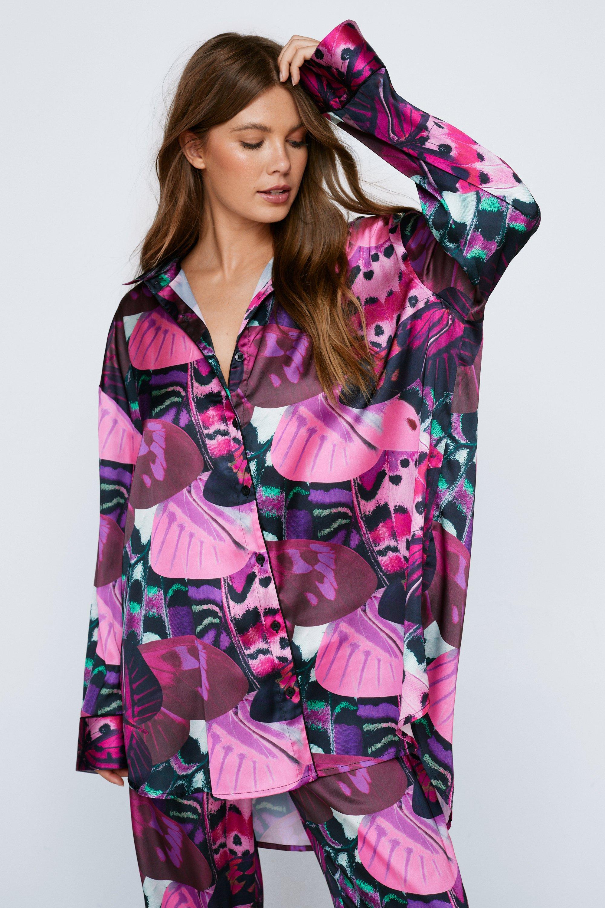 Satin Butterfly Print Oversized PJ Pants Set