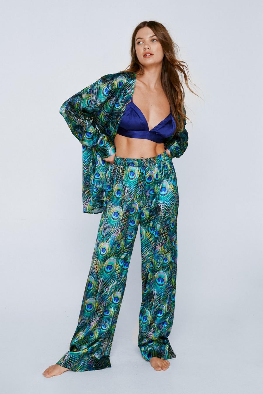 Satin Peacock Print 3pc Shirt Trousers and Bralette Set