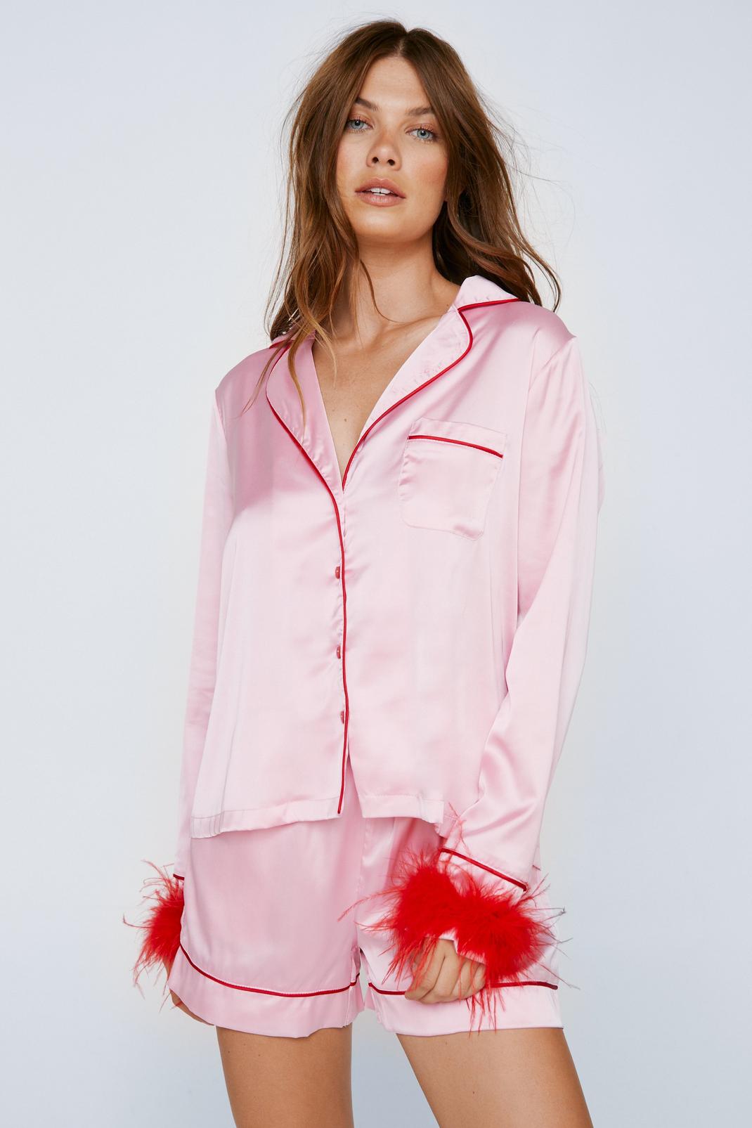Pink Satin Contrast Feather Pajama Shirt and Shorts Set image number 1
