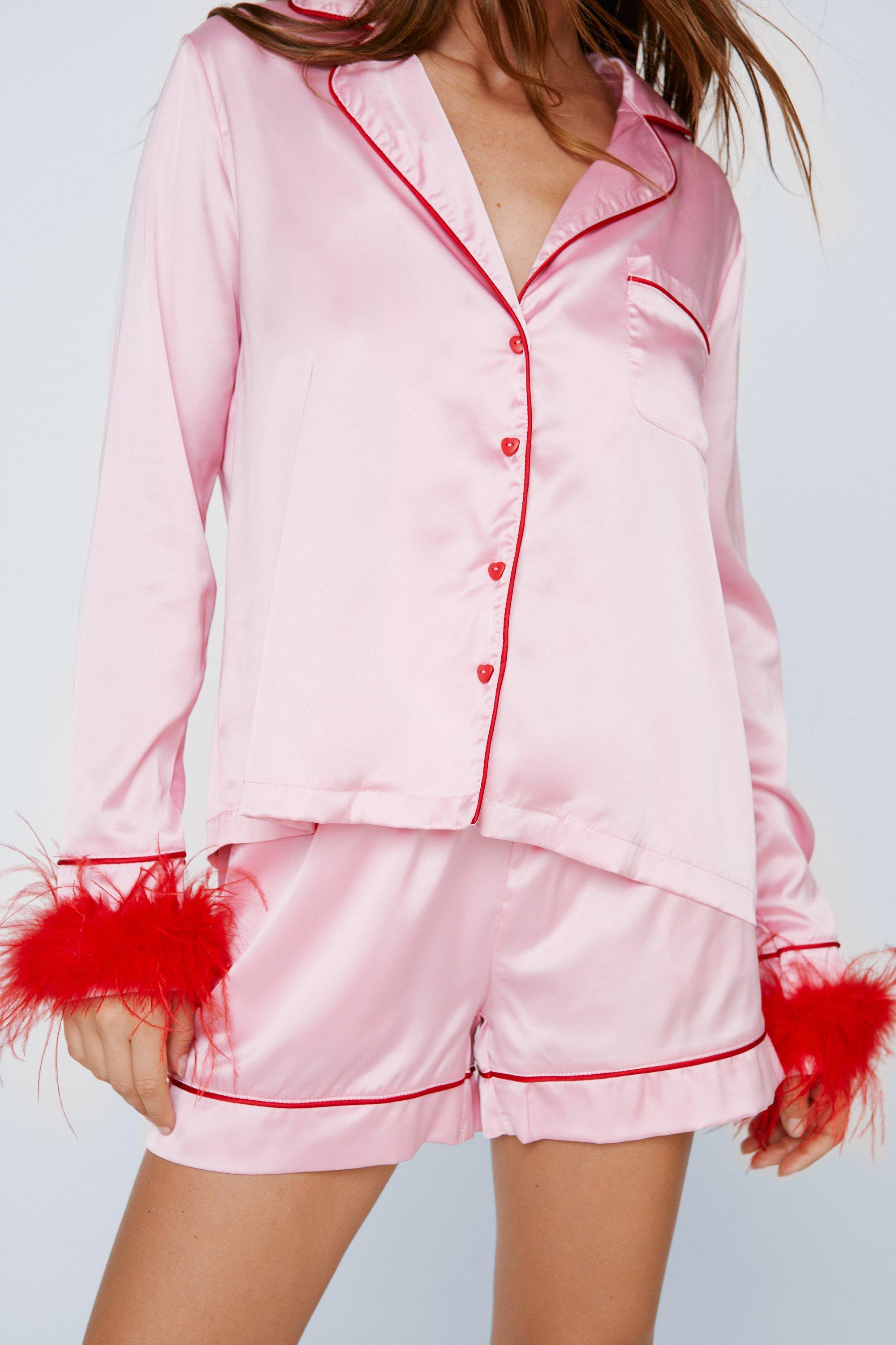 Satin Contrast Feather Pajama Shirt and Shorts Set Nasty Gal