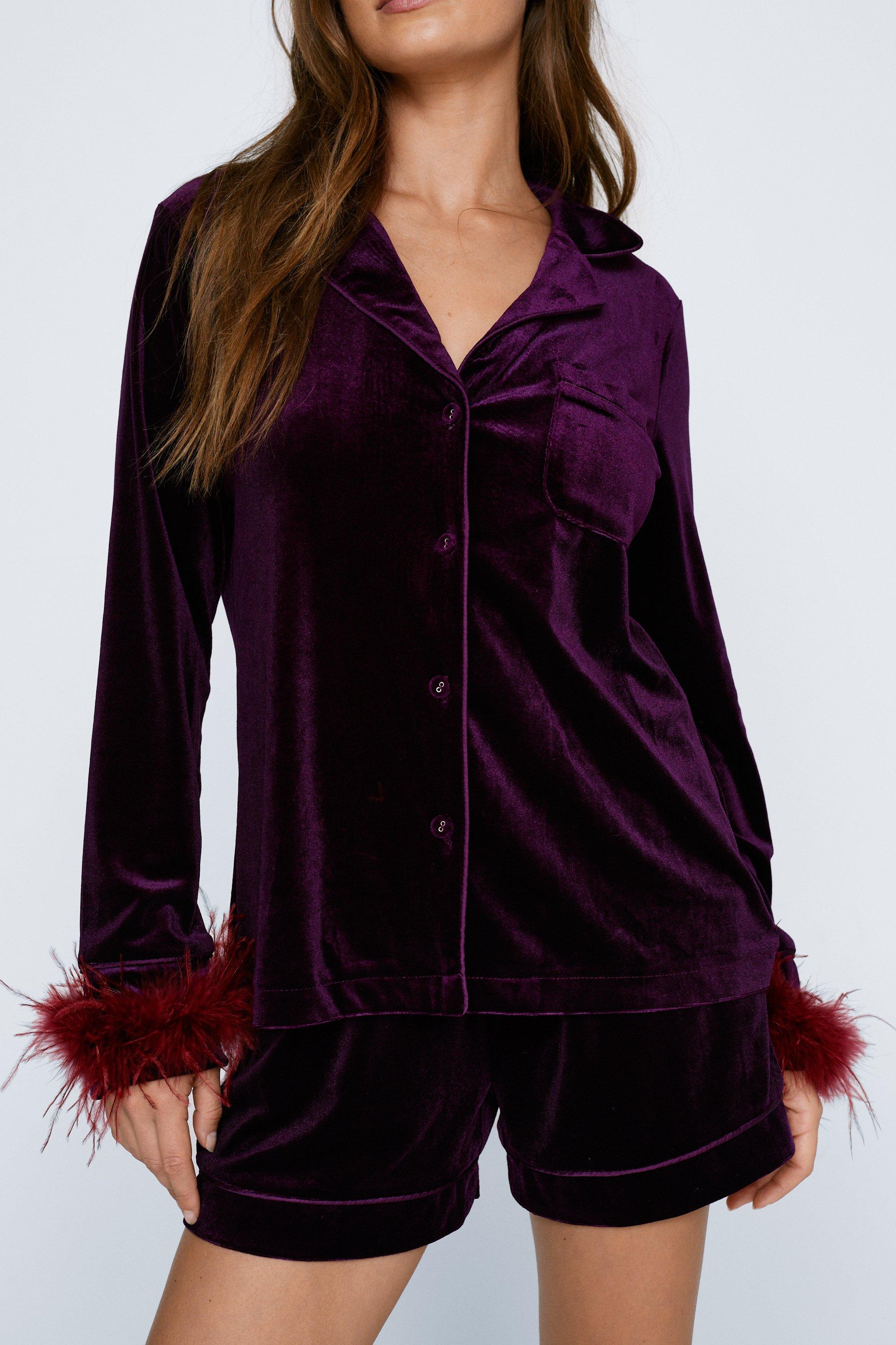 Contrast Feather Trim Velvet Pajama Shorts Set