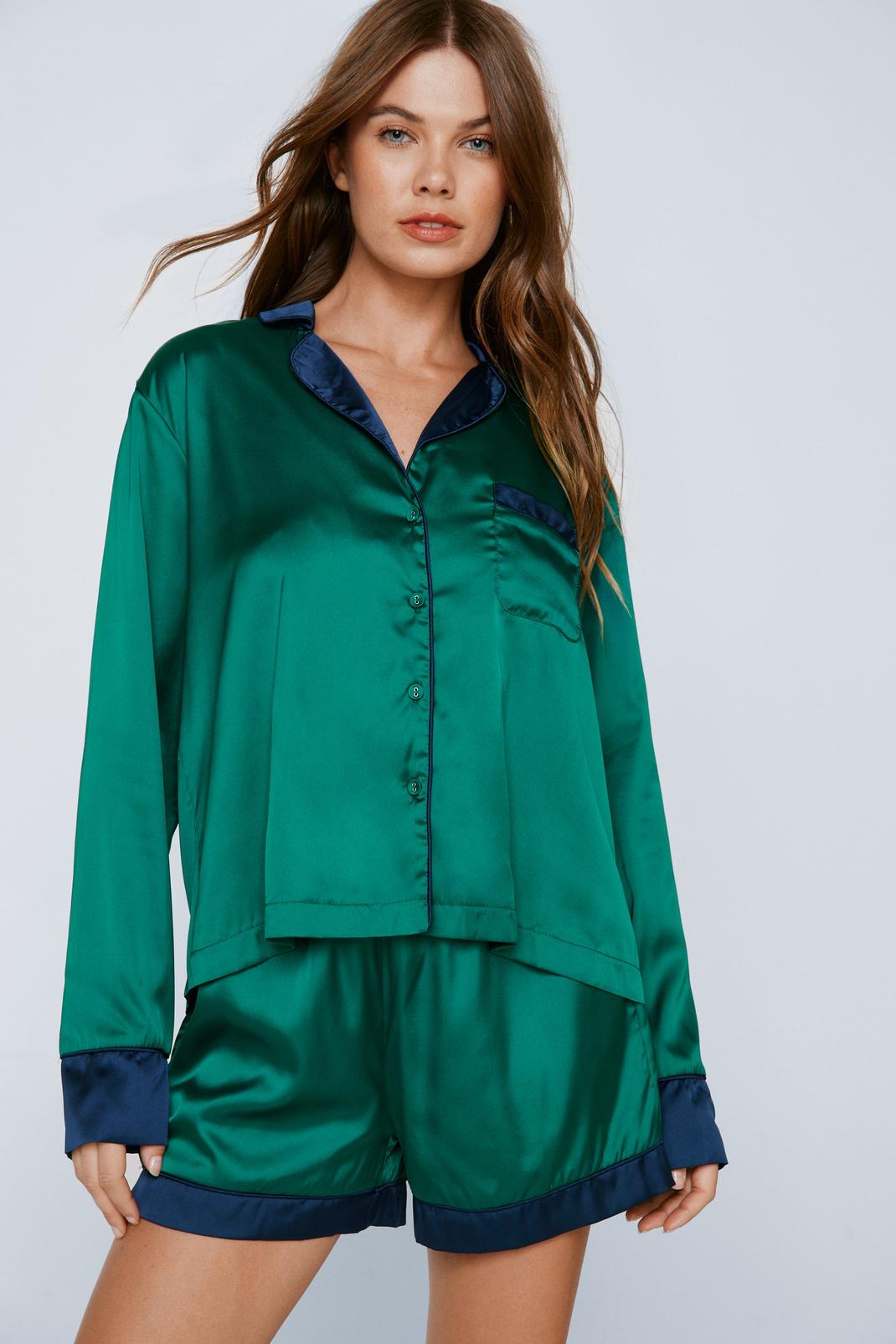 Emerald Contrast Detail Pyjama Shirt And Shorts Set image number 1