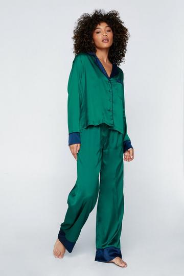 Contrast Detail Pajama Shirt And Pants Set emerald