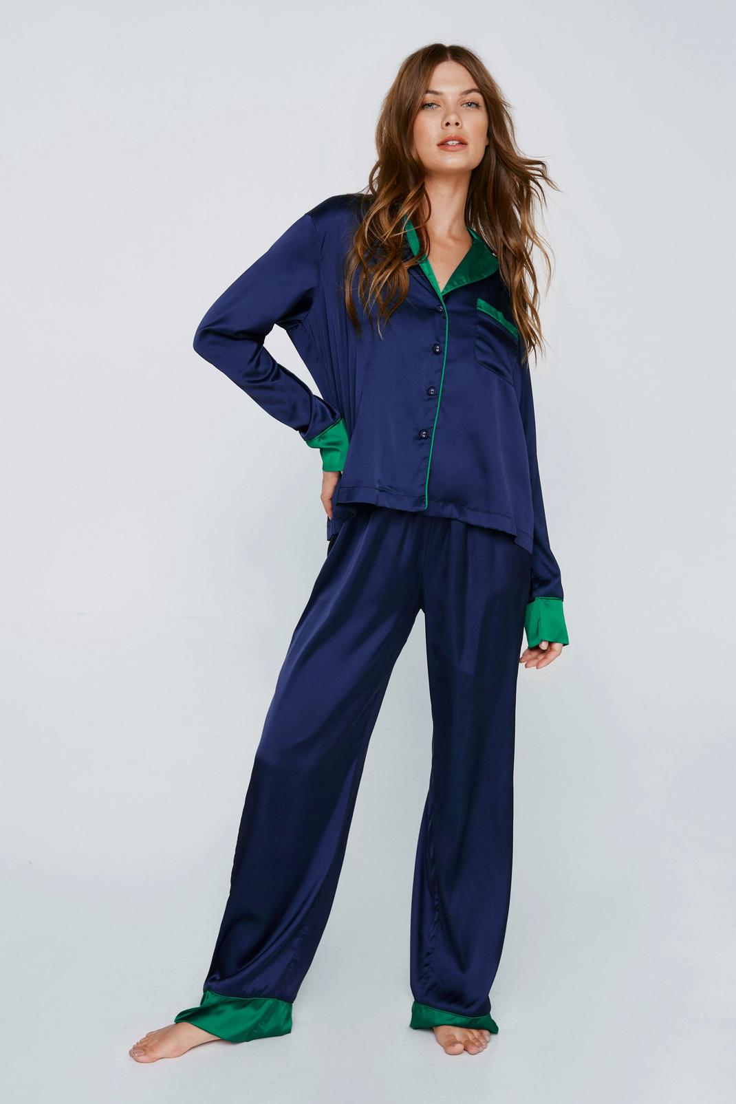 Navy Contrast Detail Pyjama Shirt And Trousers Set image number 1