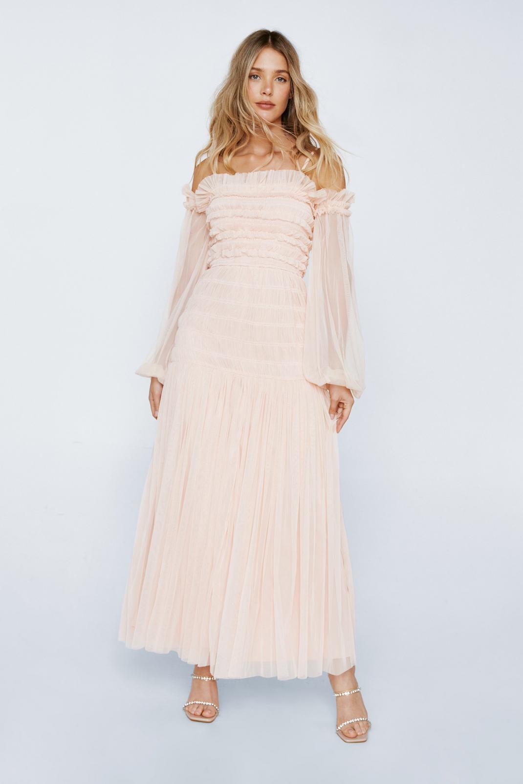 Soft pink Tulle Frill Bust Sleeved Maxi Dress image number 1
