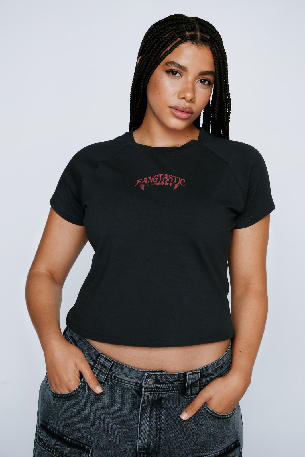 Black Plus Size Fangtastic Graphic Baby Tee image number 1