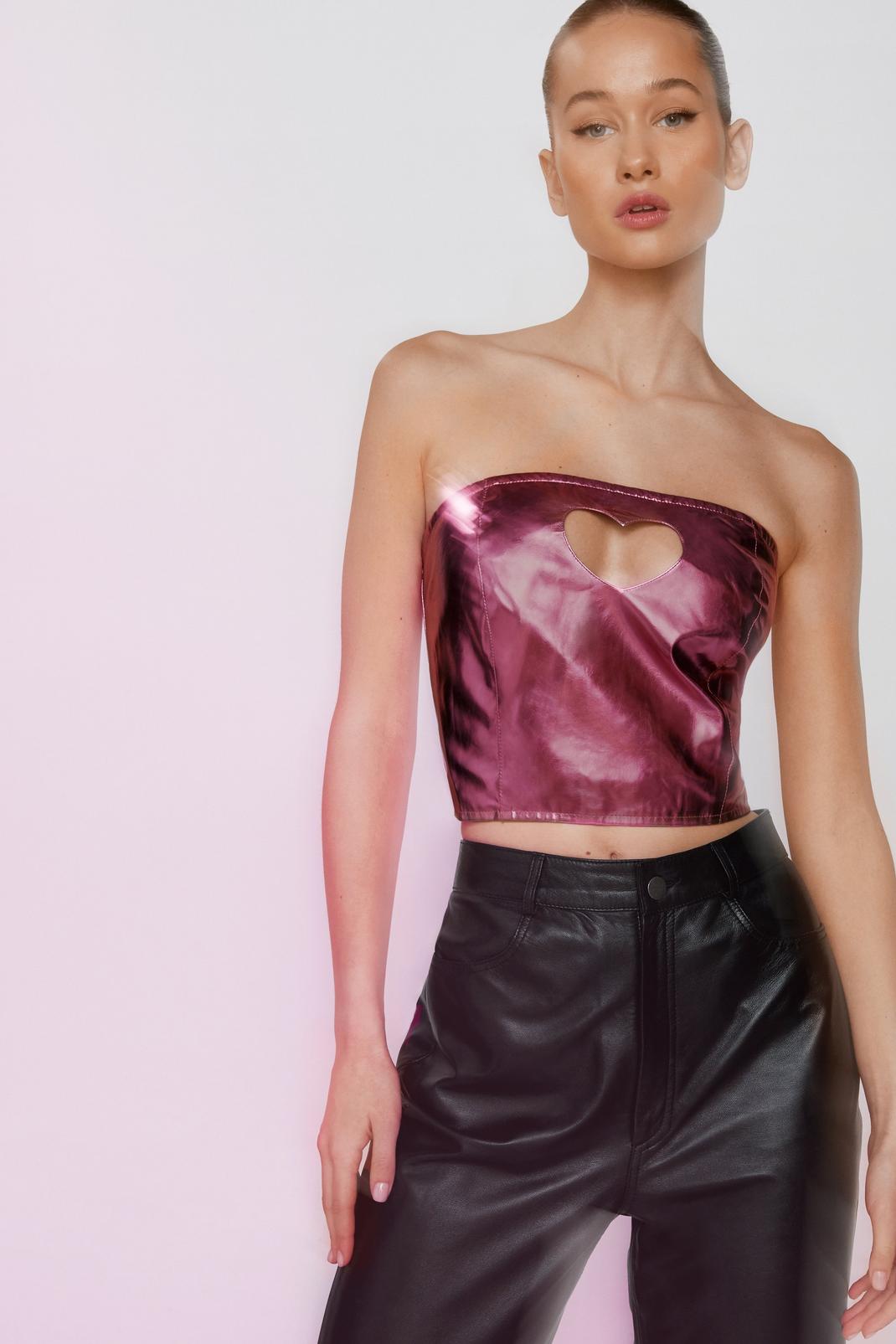 Pink Faux Leather Heart Cut Out Tube Top image number 1