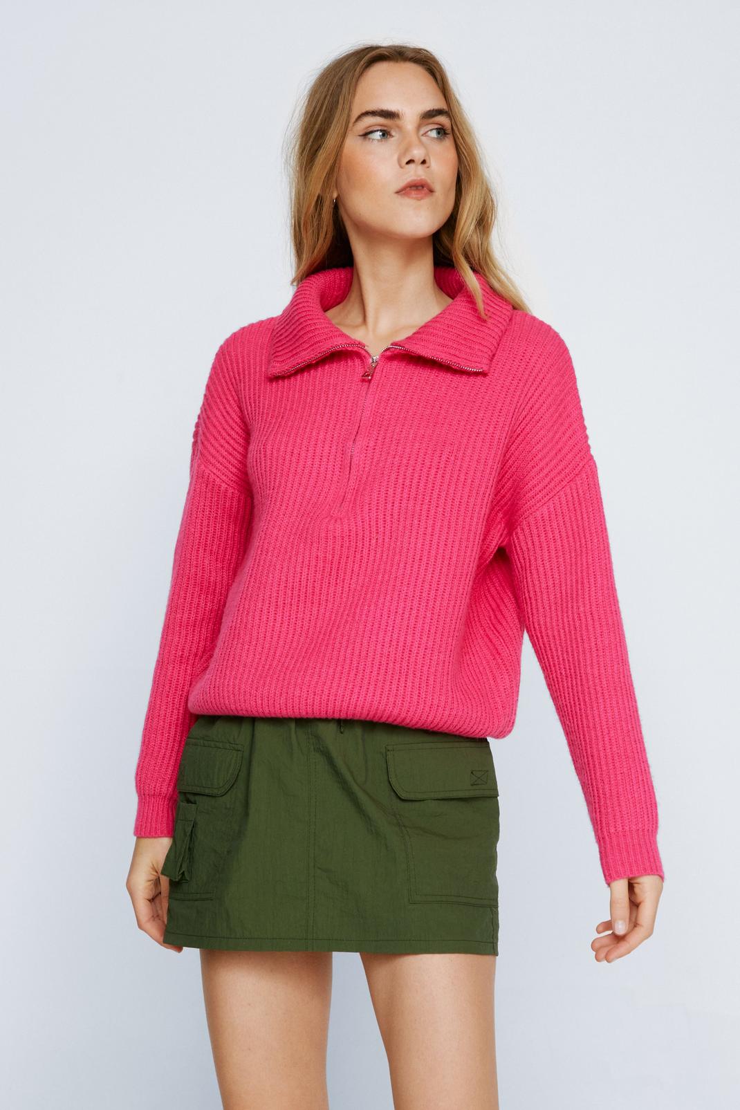 Pink High Neck Half Zip Knitted Sweater image number 1