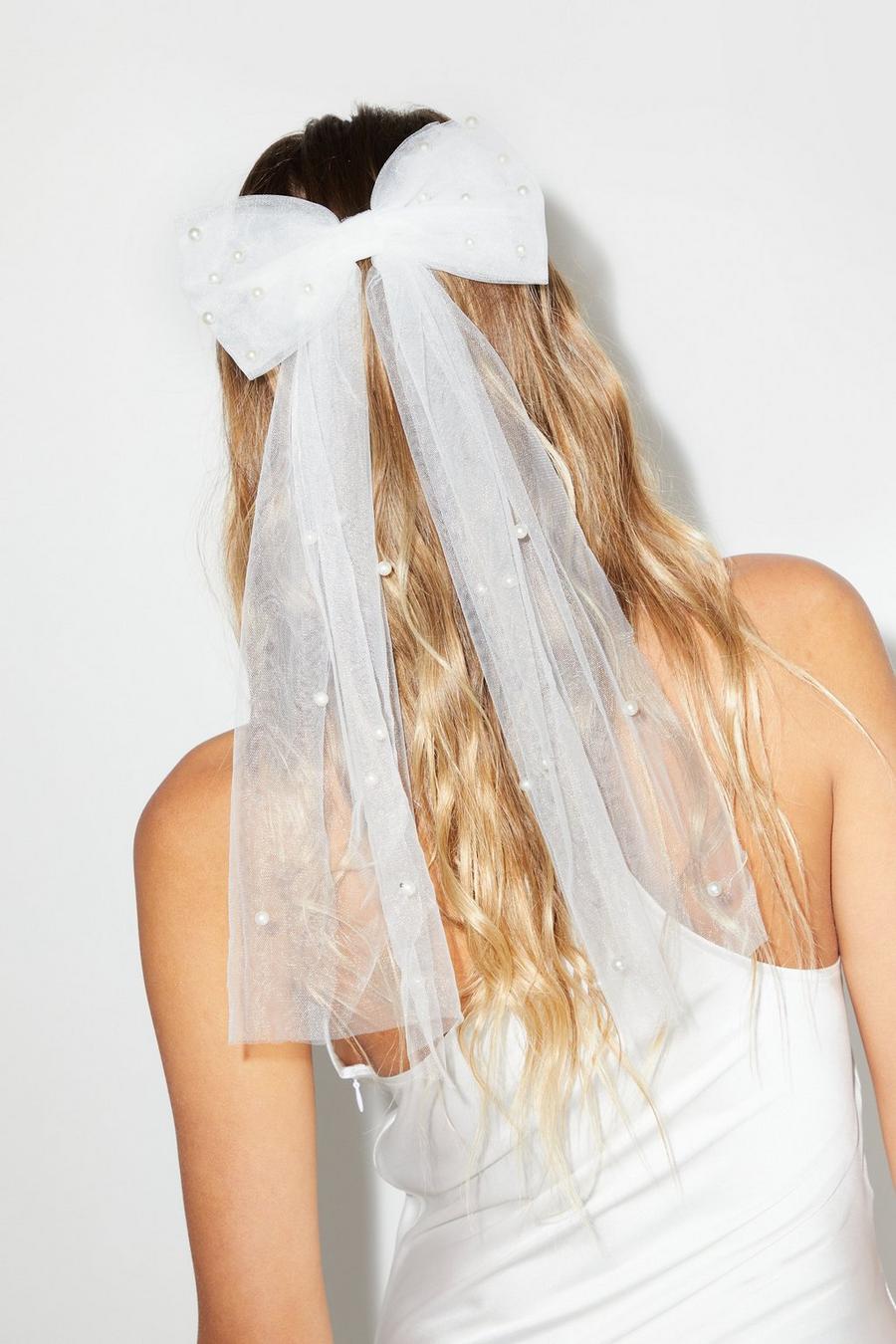 Pearl Bow Embellished Veil Hair Clip