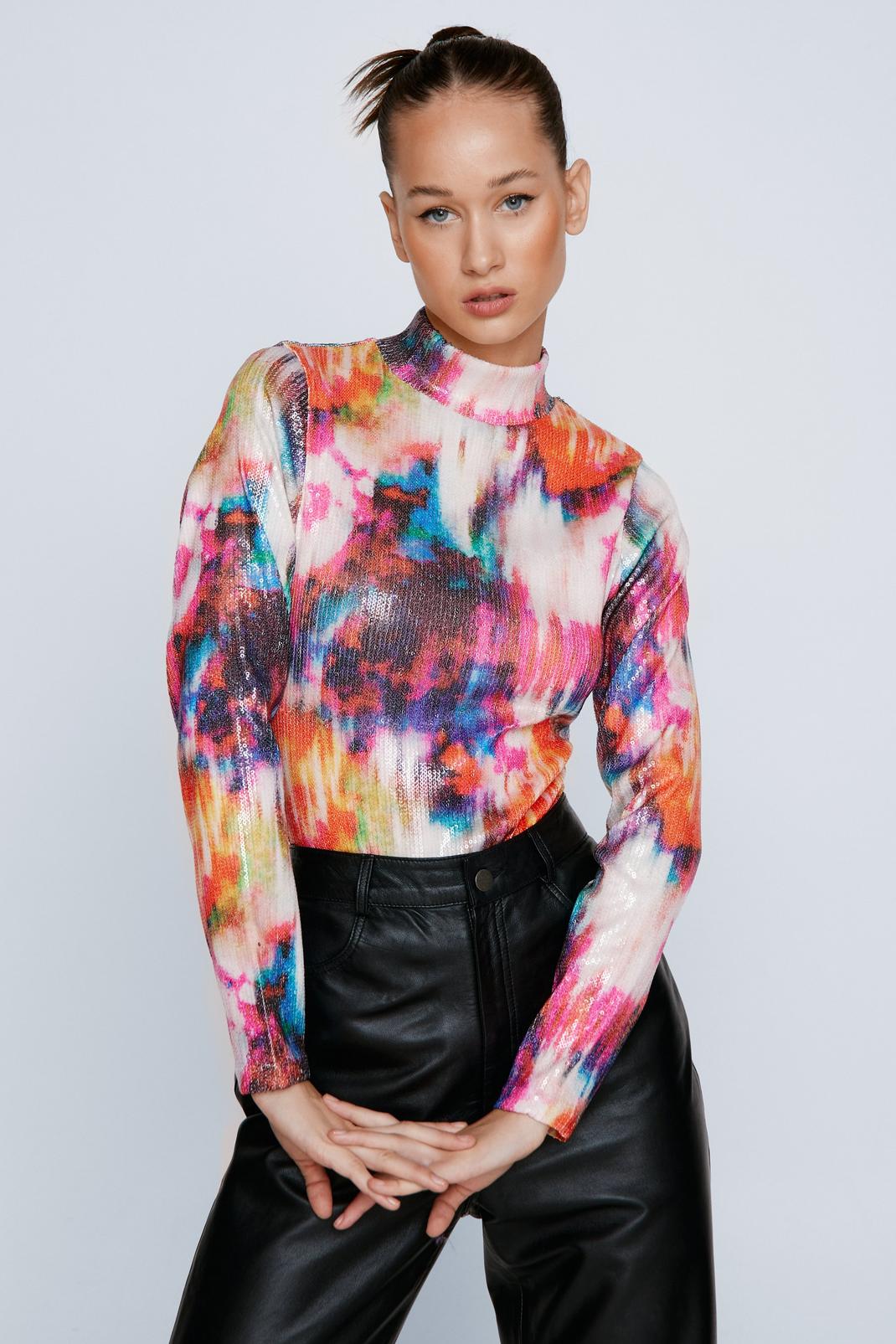 Multi Abstract Printed Sequin Bodysuit  image number 1