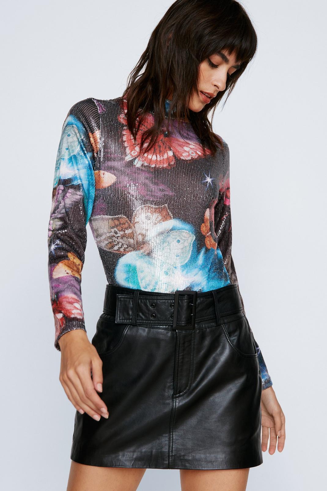 Multi Butterfly Printed Sequin Funnel Neck Bodysuit image number 1