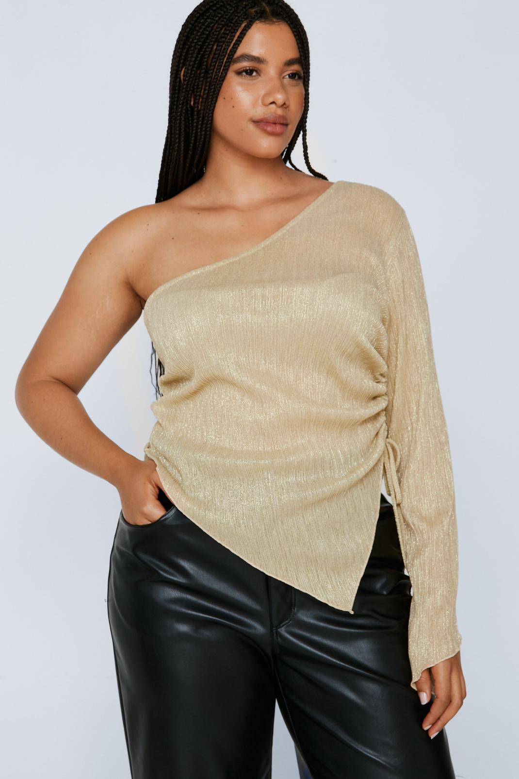Gold Plus Size Glittered One Shoulder Asymmetric Top image number 1