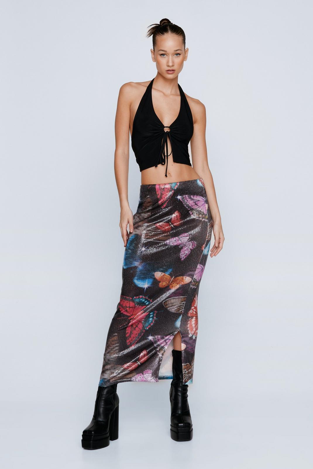 Multi Butterfly Printed Sequin Maxi Skirt  image number 1
