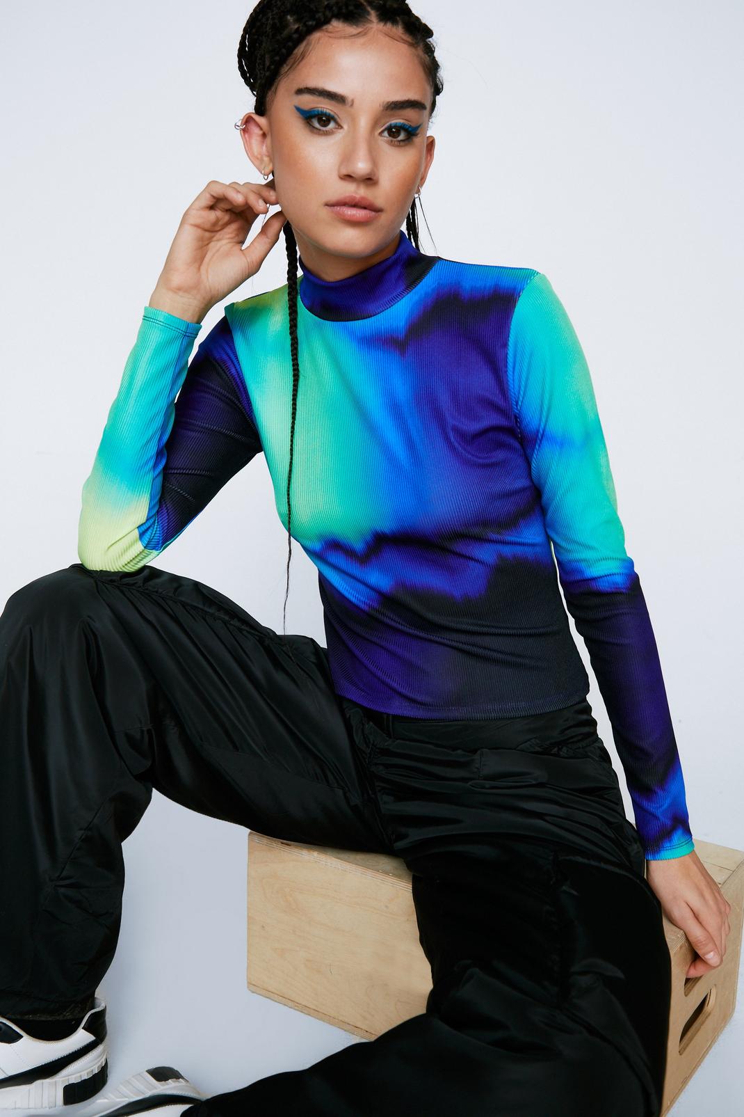 Blue Abstract Print Roll Neck Long Sleeve Top image number 1