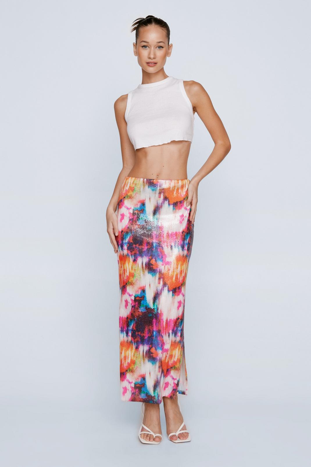 Multi Abstract Printed Sequin Maxi Skirt image number 1
