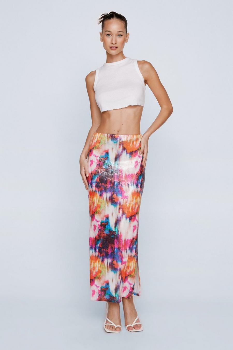 Abstract Printed Sequin Maxi Skirt