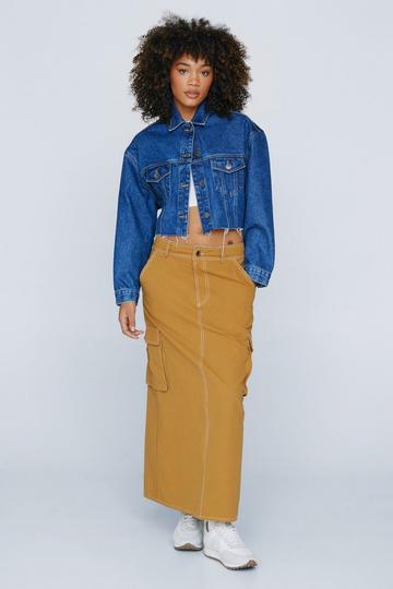 Brown Twill Cargo Pocket Low Rise Midi Skirt