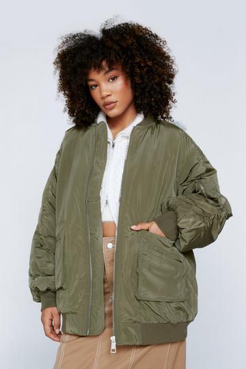 Khaki Oversized Multi Pocket Sleeve Detail Padded Bomber Jacket
