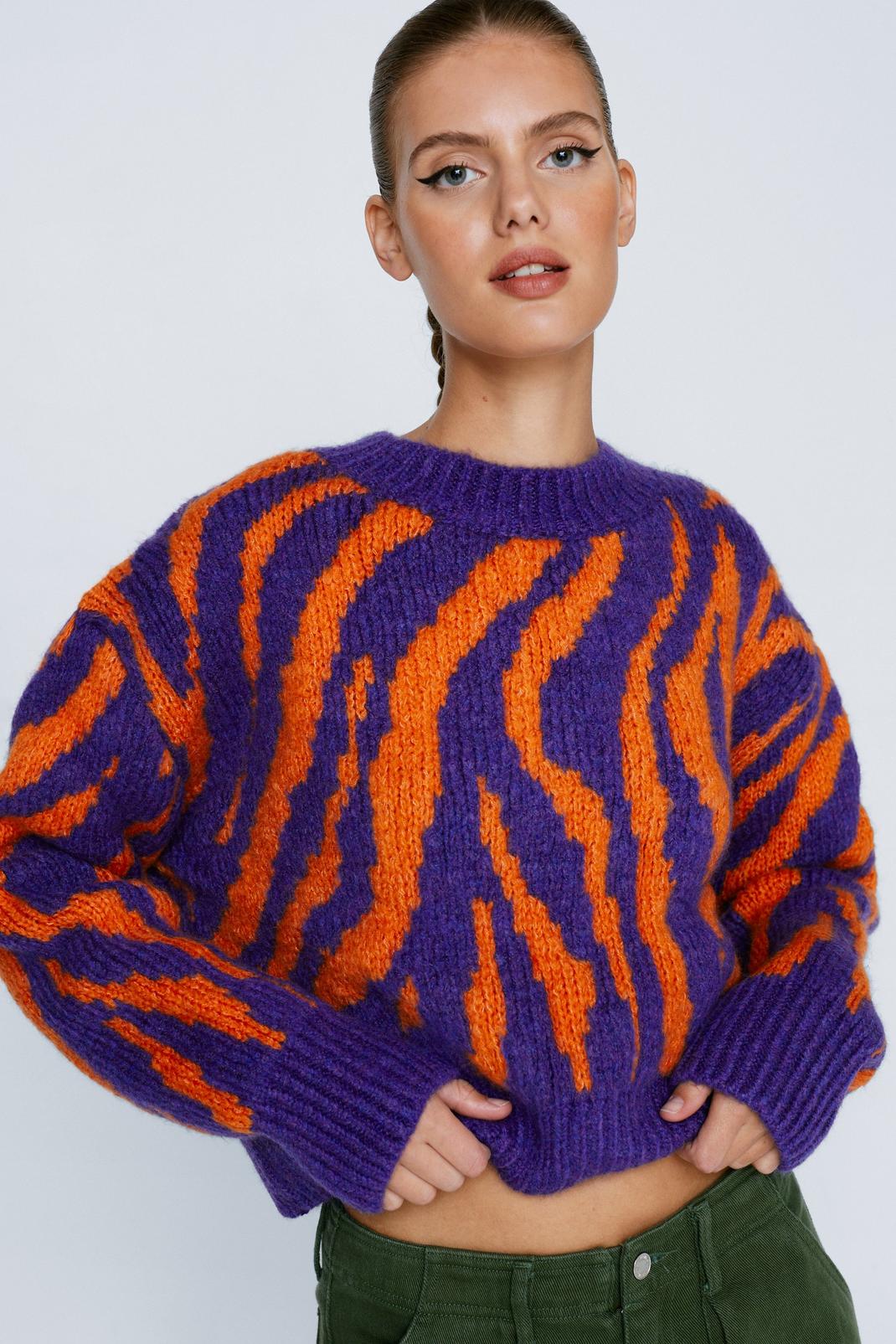 Purple Color Zebra Knitted Crop Sweater image number 1