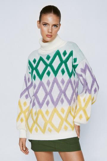 Cream White Zig Zag Stripe Roll Neck Knitted Sweater