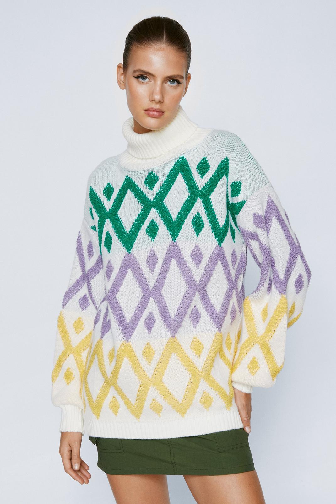 Cream Zig Zag Stripe Roll Neck Knitted Sweater image number 1