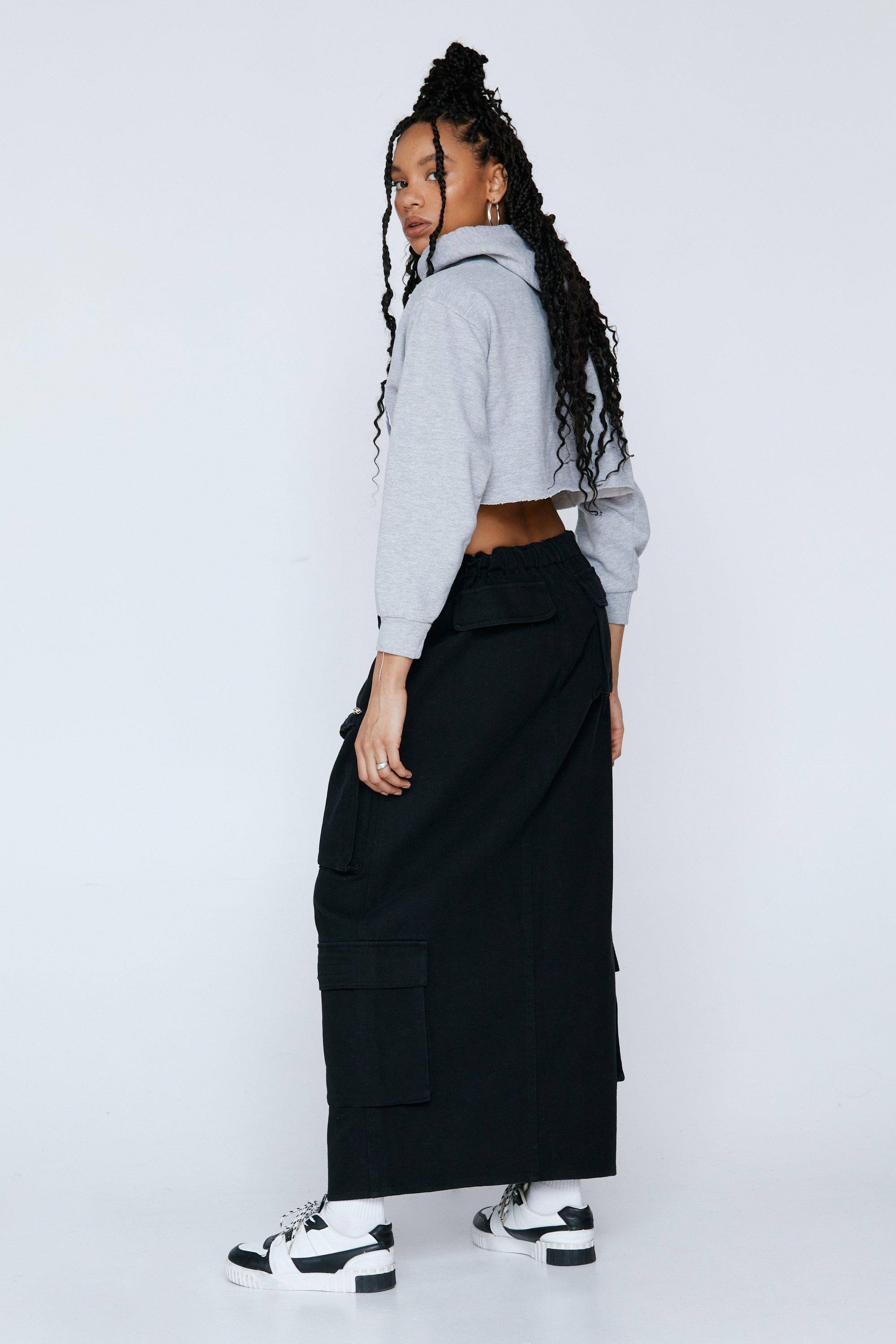 Washed Zip Front Pocket Detail Maxi Cargo Skirt