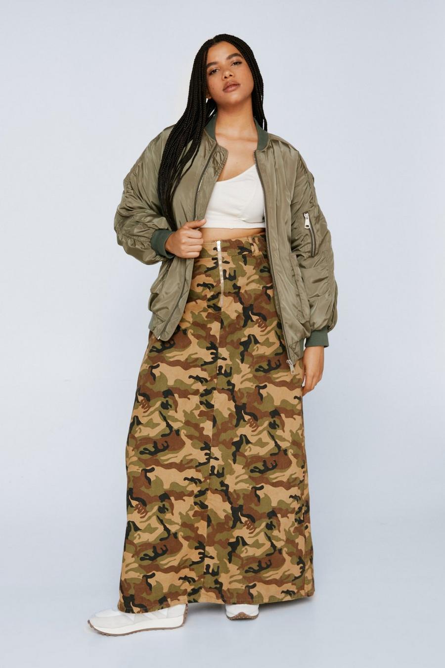 Plus Size Camo Printed Twill Cargo Maxi Skirt