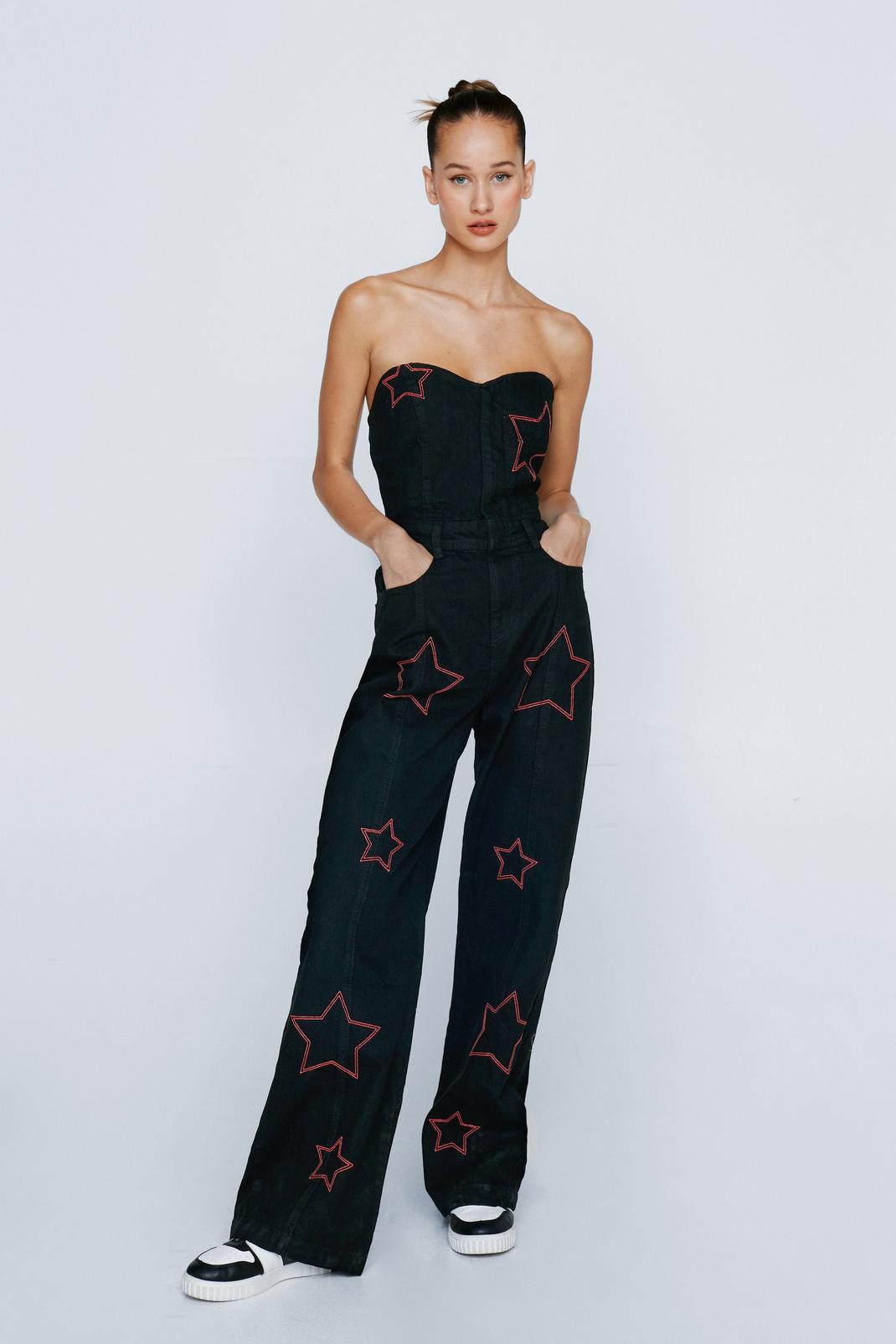 Black Petite Embroidered Star Twill Wide Leg Jumpsuit image number 1
