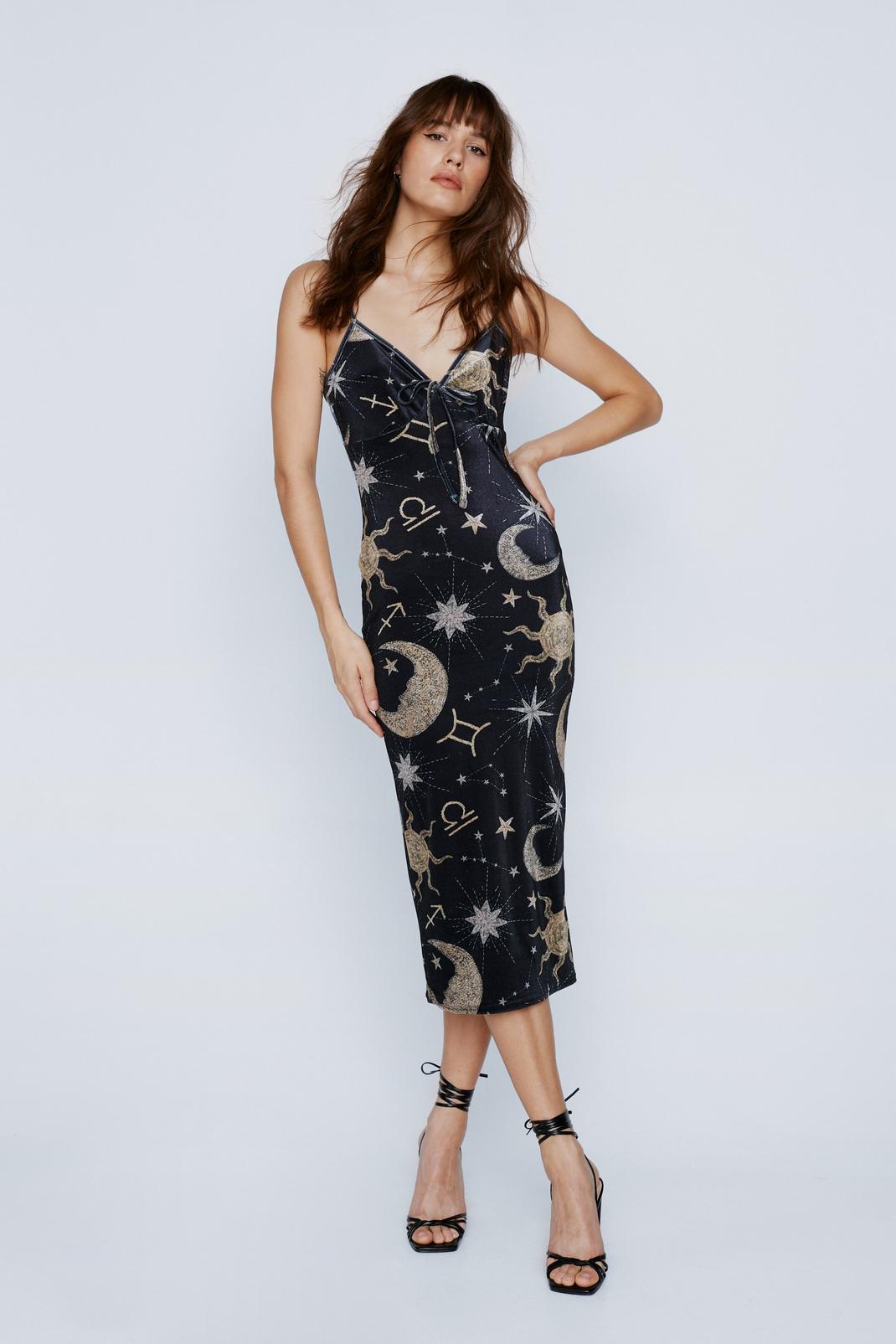 Black Cosmic Printed Velvet Cami Midi Dress image number 1