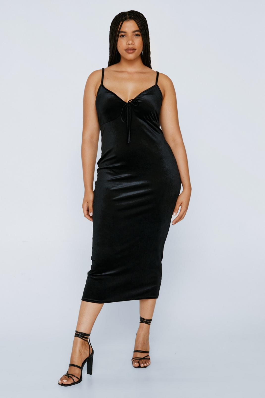 Black Plus Size Velvet Cami Midi Dress image number 1