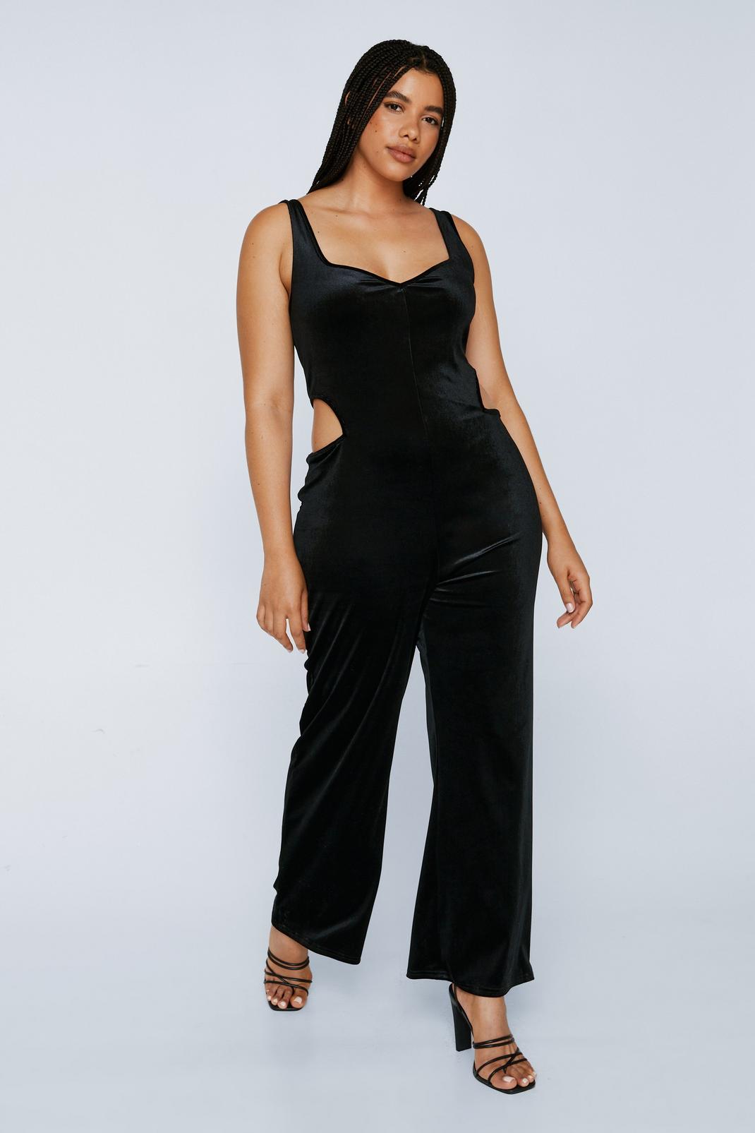 Black Plus Size Velvet Cut Out Jumpsuit image number 1
