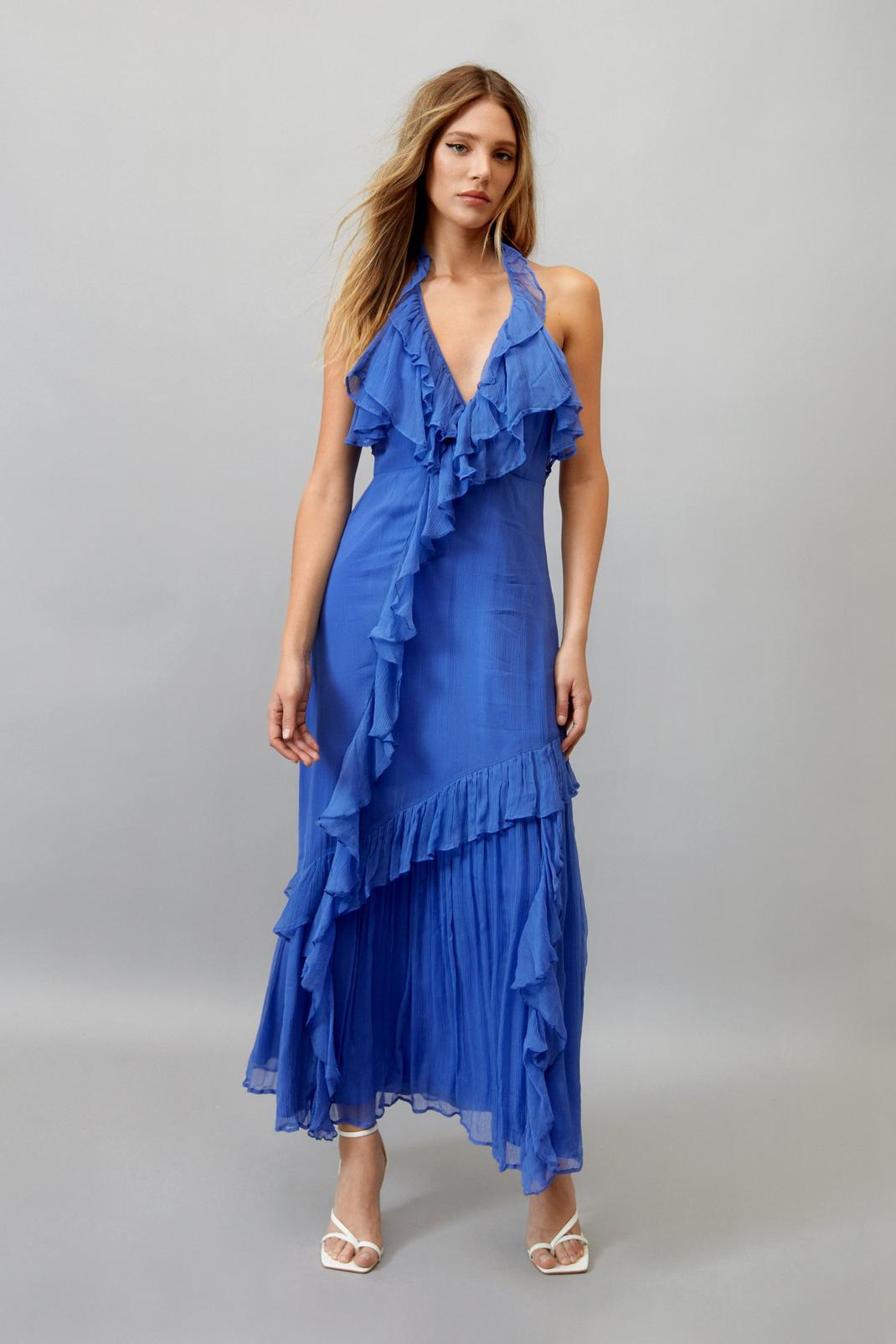 Blue Ruffle Halterneck Maxi Dress image number 1